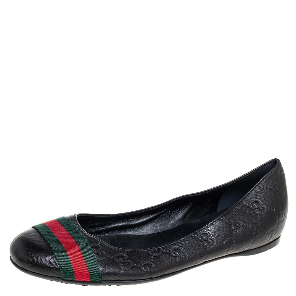 Gucci Black Guccissima Leather Web Stripe Ballet Flats Size 39 at 1stDibs