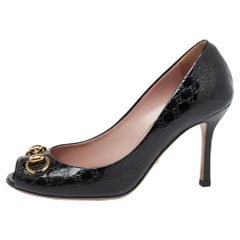 Gucci Black Guccissima Patent Leather Horsebit Peep-Toe Pumps Size 37