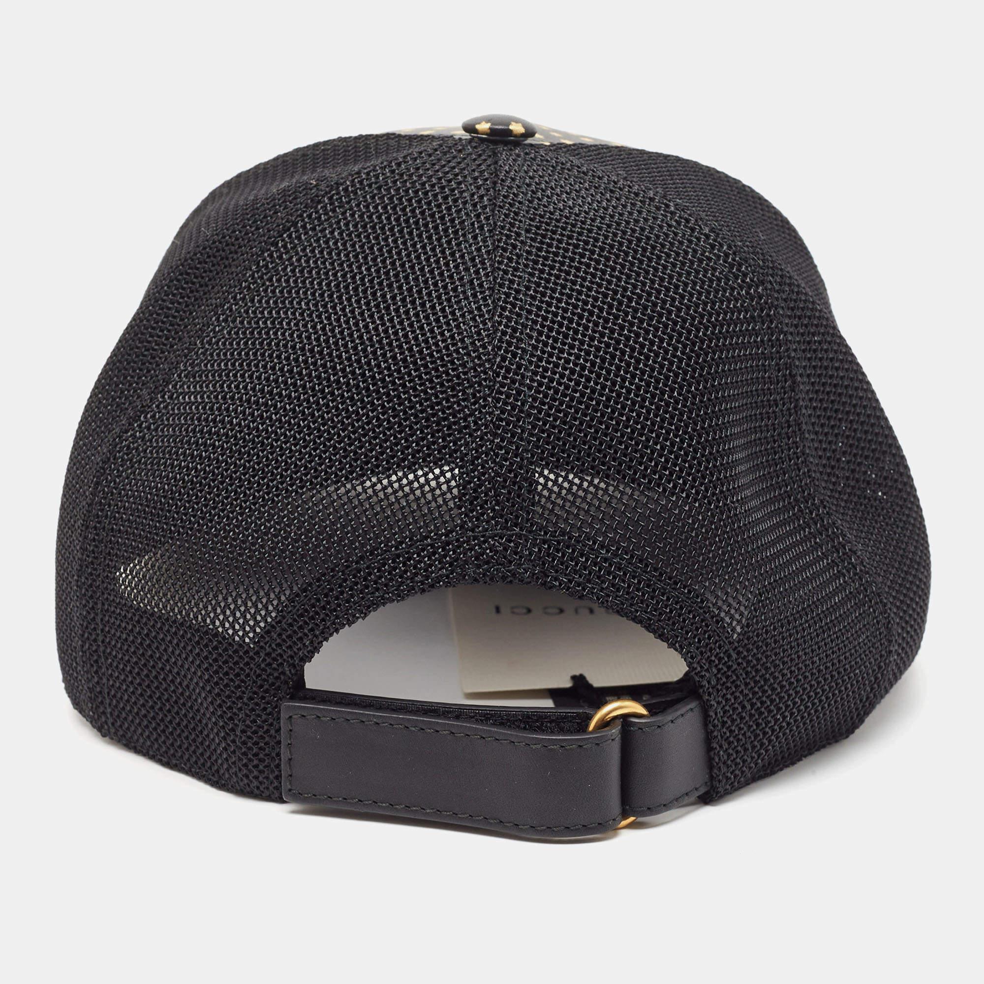 Gucci Black Guccy Stars Print Leather & Mesh Baseball Cap M For Sale 2