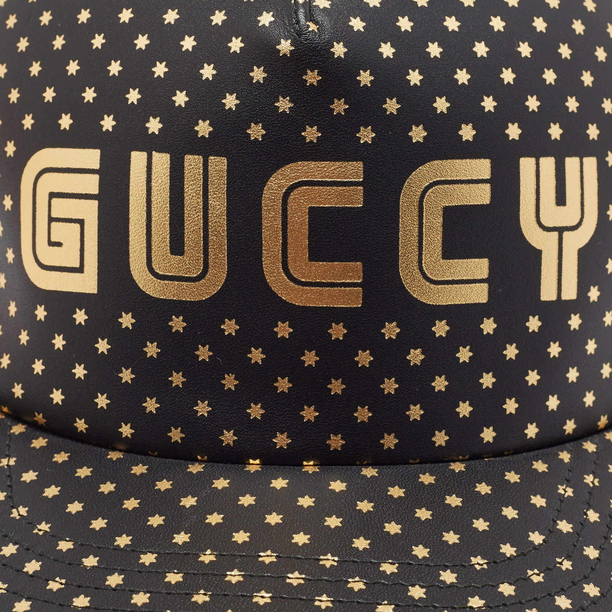 Gucci Black Guccy Stars Print Leather & Mesh Baseball Cap M For Sale 3