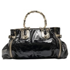 Gucci Black/Gun Metal Coated Fabric and Patent Leather Pop Bamboo Handle Tote