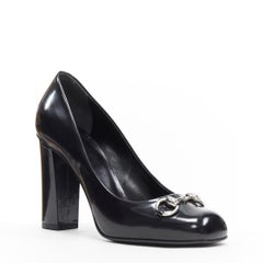 GUCCI black high shine polished silver horsebit square toe chunky heel pump EU38