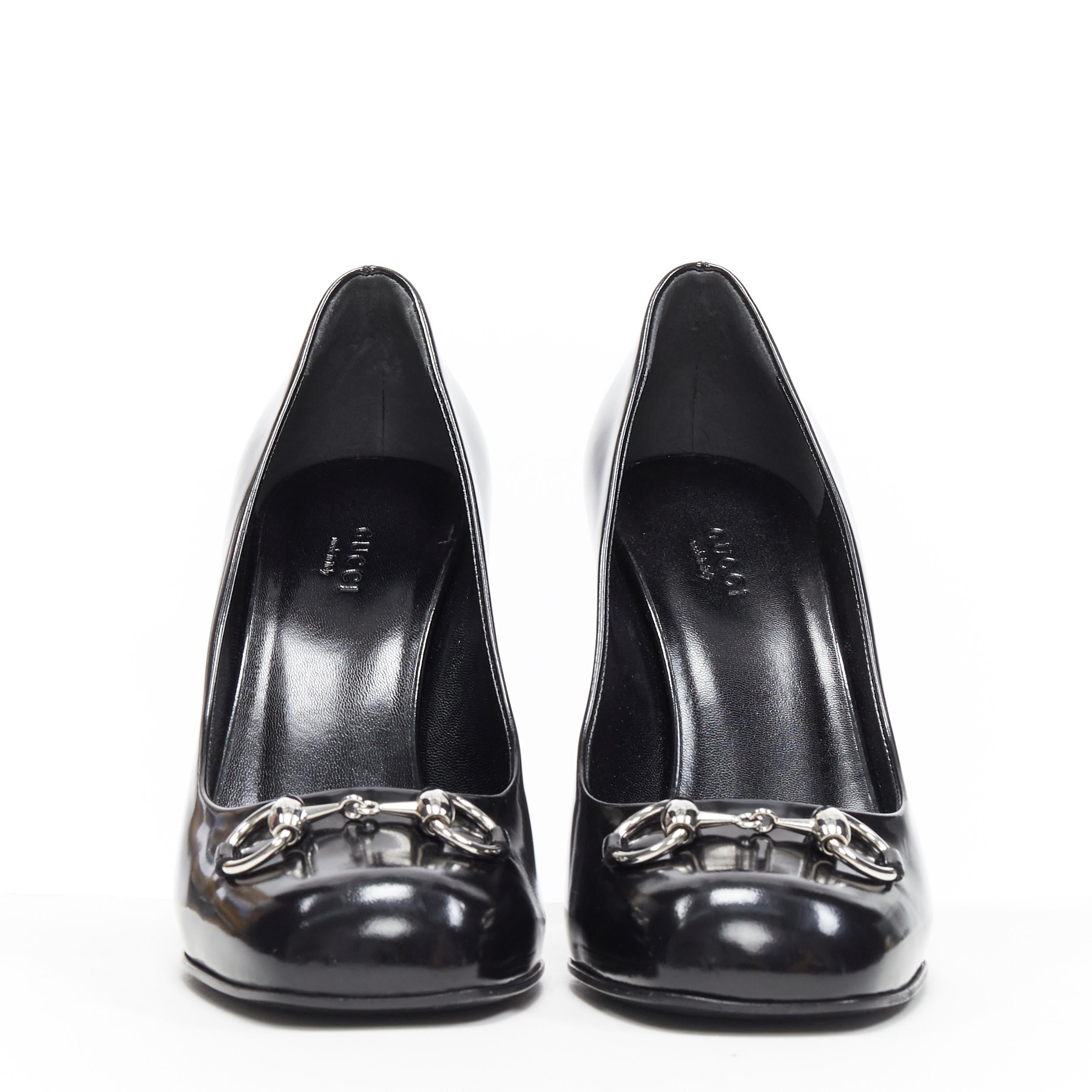 Nero Gucci nero alto lucido argento horsebit punta quadrata tacco grosso EU38