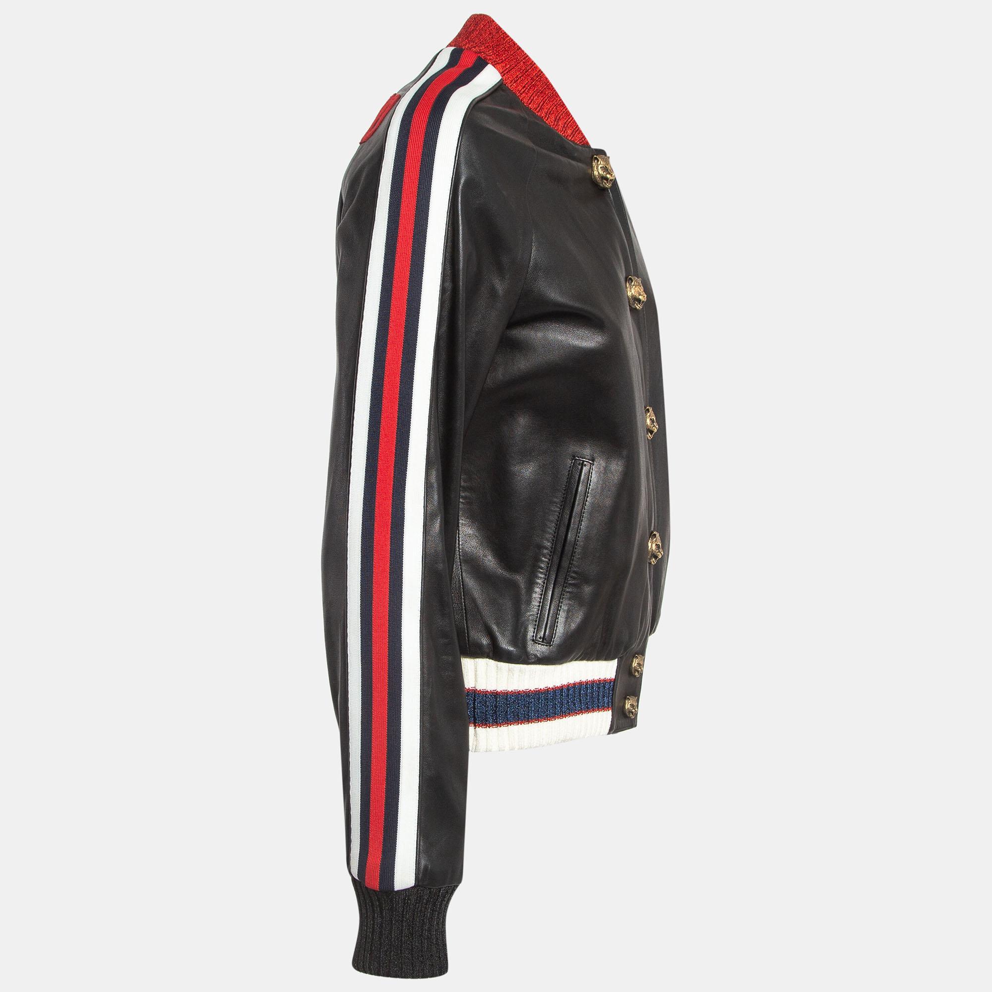 Gucci Black Hollywood Embroidered Leather Bomber Jacket M For Sale 2