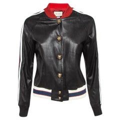 Used Gucci Black Hollywood Embroidered Leather Bomber Jacket M