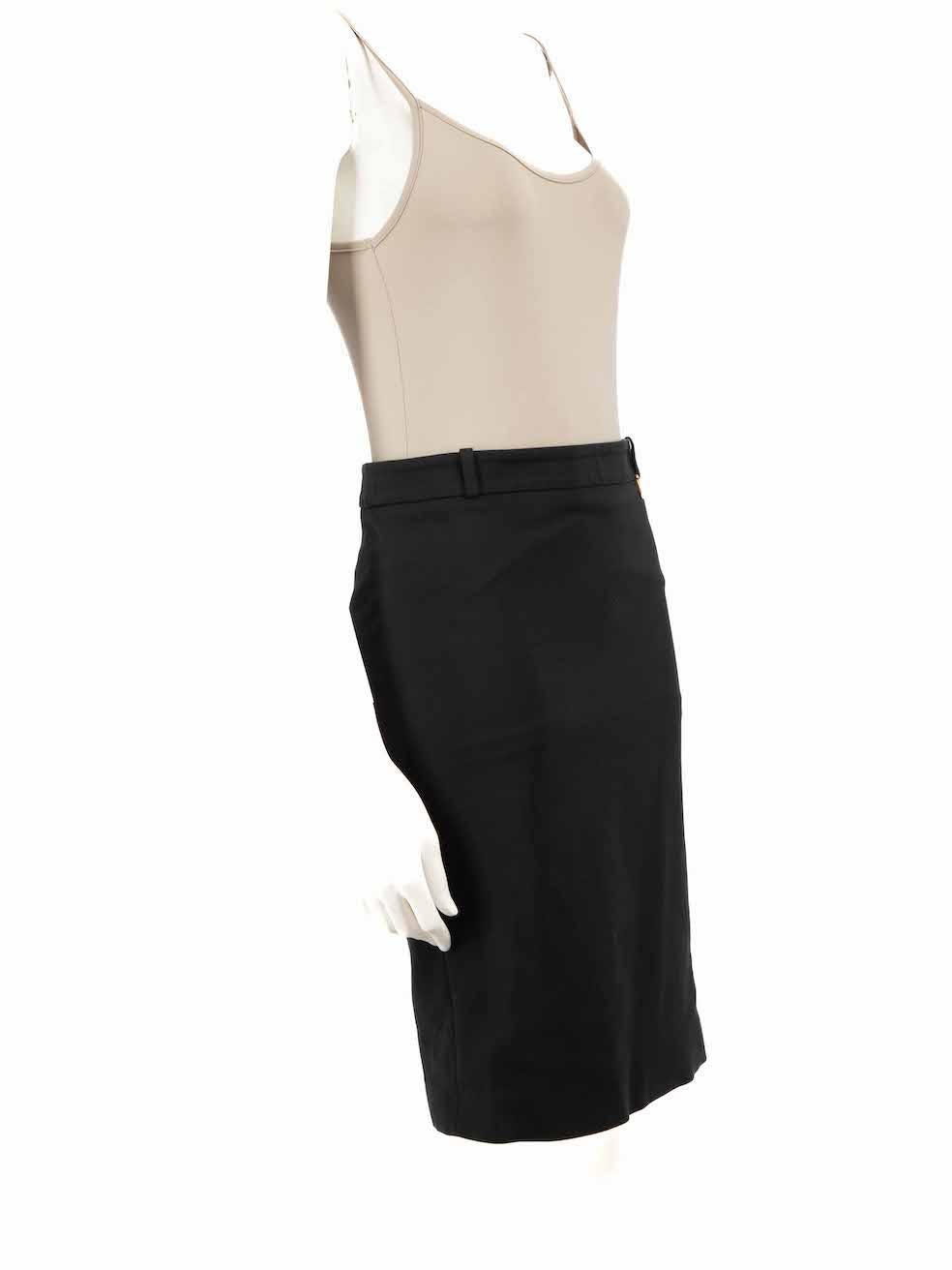 CONDITION is Very good. Minimal wear to skirt is evident. Minimal wear to zip pull on this used Gucci designer resale item.
 
 
 
 Details
 
 
 Black
 
 Cotton
 
 Pencil skirt
 
 Knee length
 
 Belt hoops
 
 Horsebit detail
 
 Back zip closure with