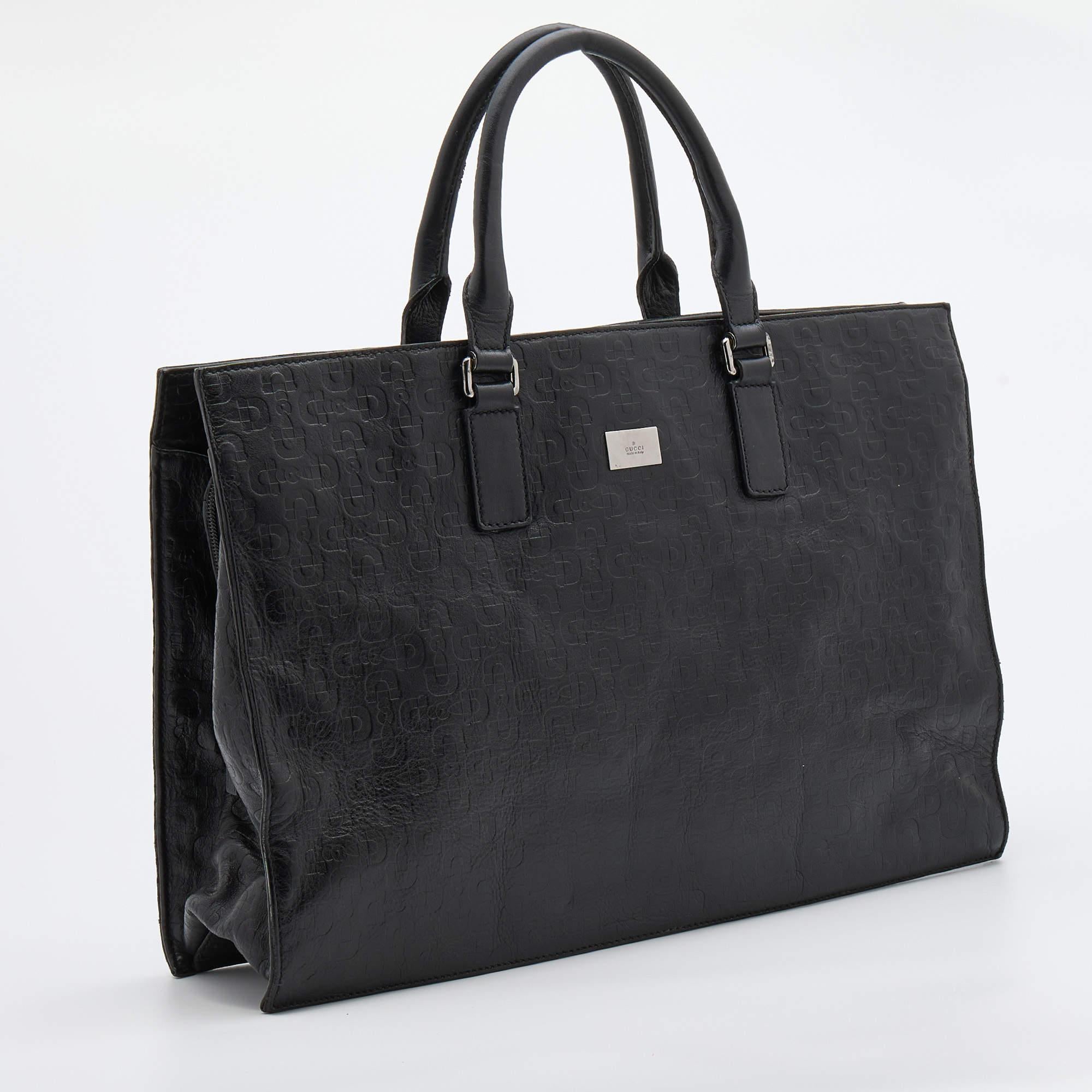 Women's Gucci Black Horsebit Embossed Leather Large Tote