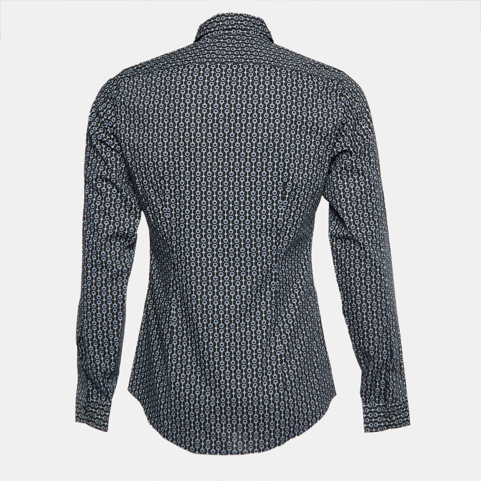 Gucci Black Horsebit Print Cotton Slim Fit Long Sleeve Shirt S In Excellent Condition In Dubai, Al Qouz 2