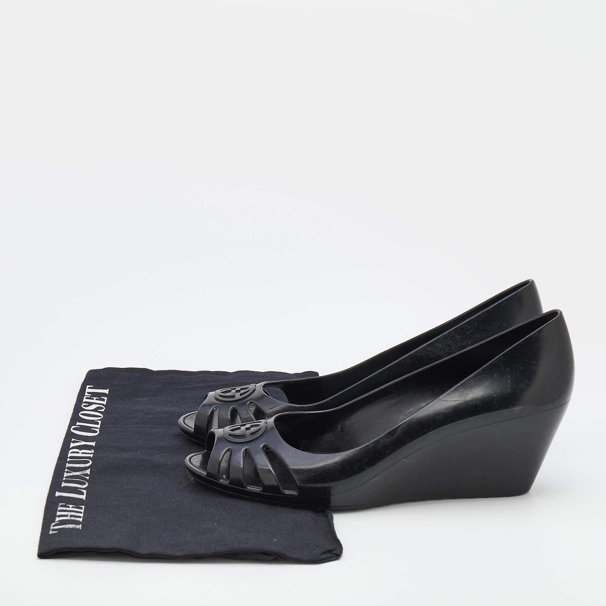 Gucci Black Jelly Interlocking GG Marola Peep Toe Wedge Pumps Size 38 5