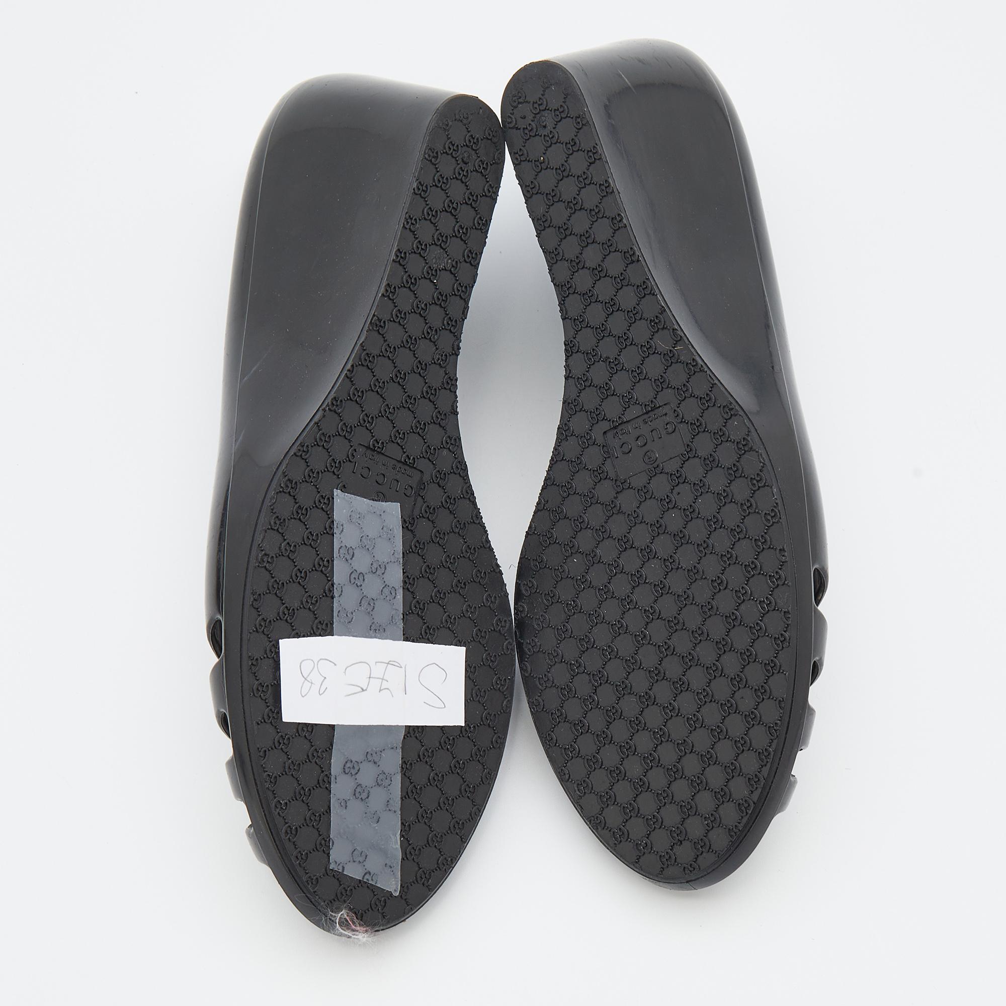 Women's Gucci Black Jelly Interlocking GG Marola Peep Toe Wedge Pumps Size 38