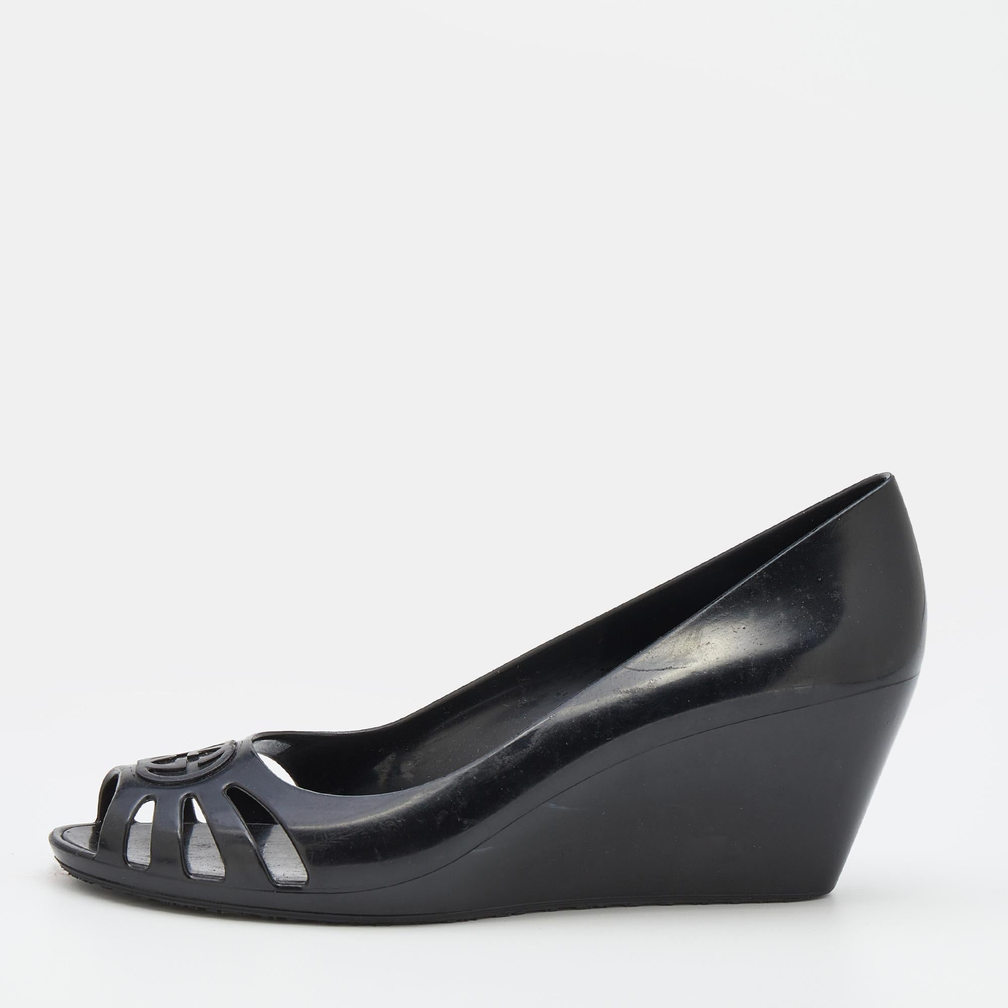 Gucci Black Jelly Interlocking GG Marola Peep Toe Wedge Pumps Size 38 4