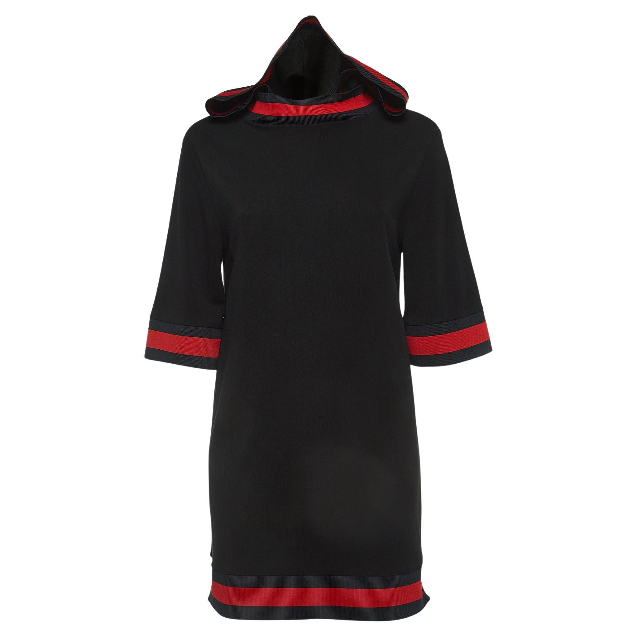 Gucci Black Jersey Web Trimmed Hooded Dress S
