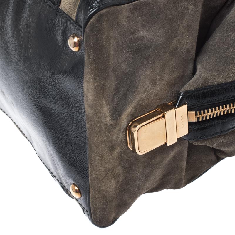 Gucci Black/Khaki Green Suede and Patent Leather Aviatrix Boston Bag 6