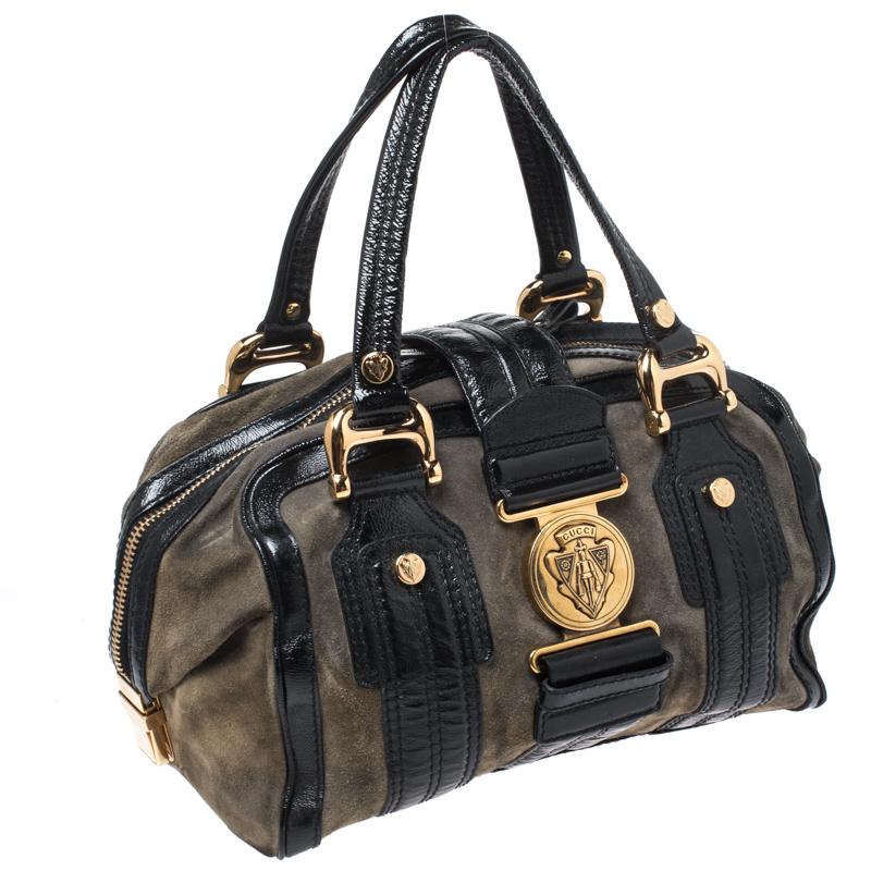 Gucci Black/Khaki Green Suede and Patent Leather Aviatrix Boston Bag 4