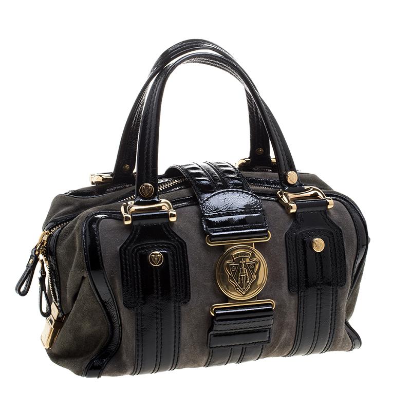 Women's Gucci Black/Khaki Patent Leather and Suede Aviatrix Boston Bag