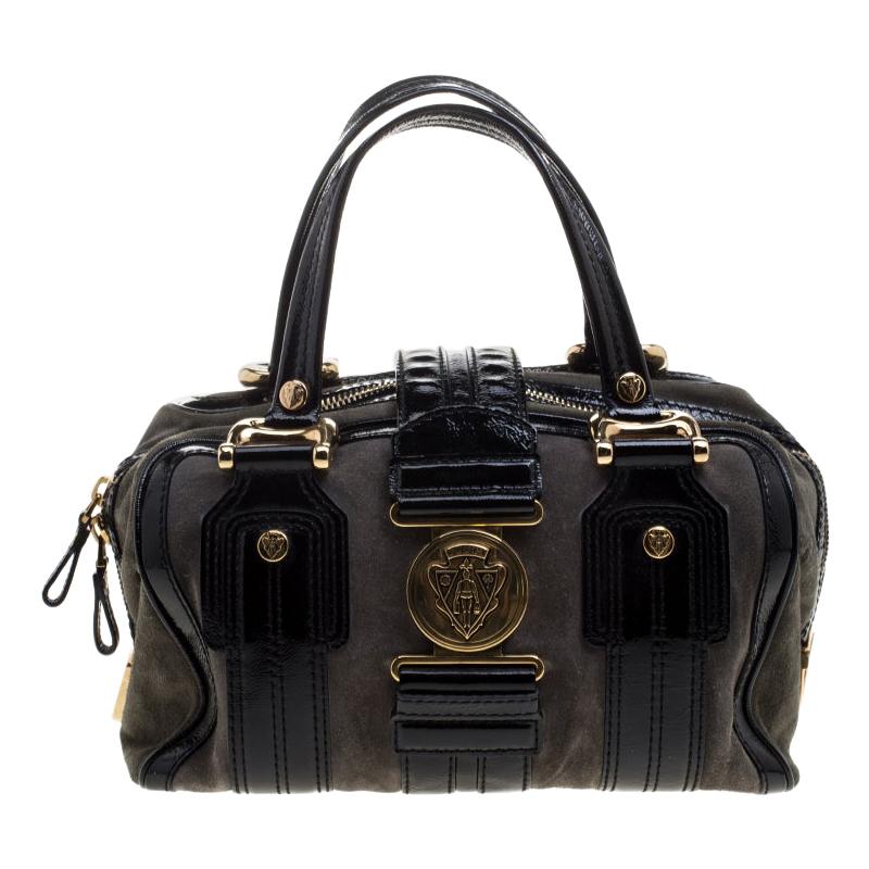 Gucci Black/Khaki Patent Leather and Suede Aviatrix Boston Bag