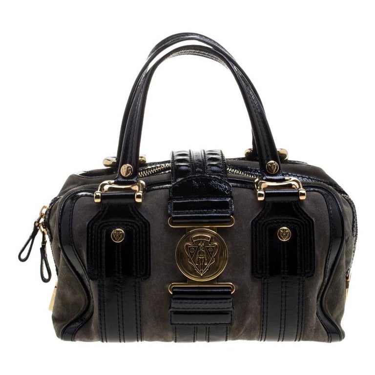 Gucci Black/Khaki Patent Leather and Suede Aviatrix Boston Bag For Sale ...