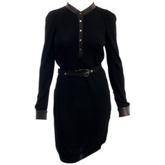 Gucci Black Knit Jersey Belted Dress with Leather Trim