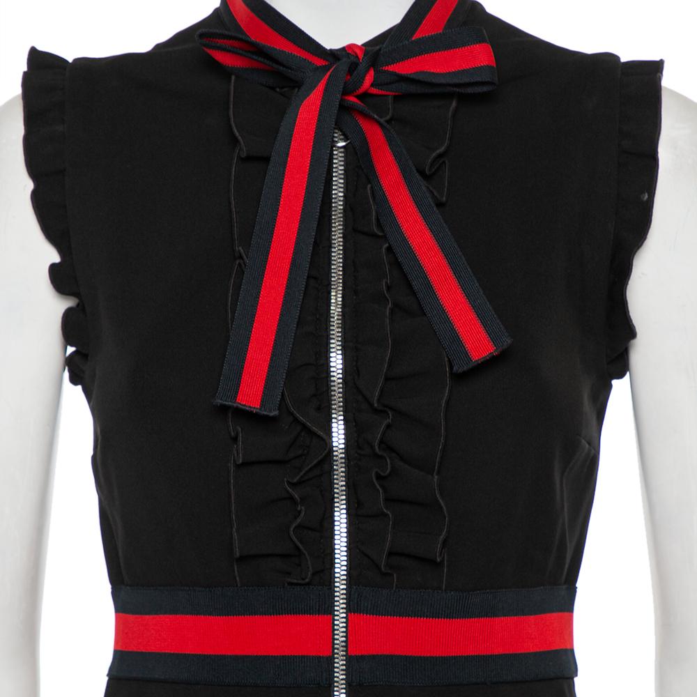 Gucci Black Knit Stripe Trim Detail Ruffled Zipper Front Mini Dress M 1