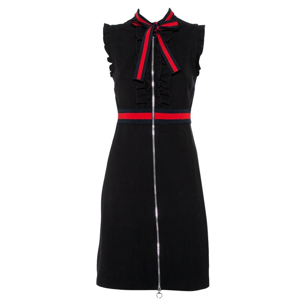 Gucci Black Knit Stripe Trim Detail Ruffled Zipper Front Mini Dress M