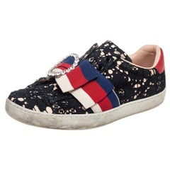Gucci Black Lace Ace Web Crystal Embellished Slip On Sneakers Size 34.5