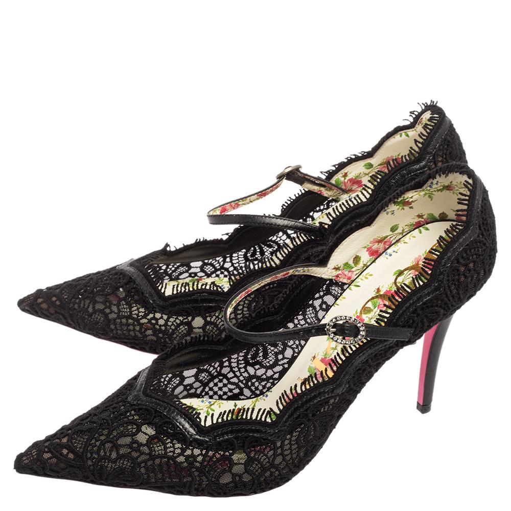 Gucci Black Lace and Leather Virginia Mary Jane Pumps Size 40 at