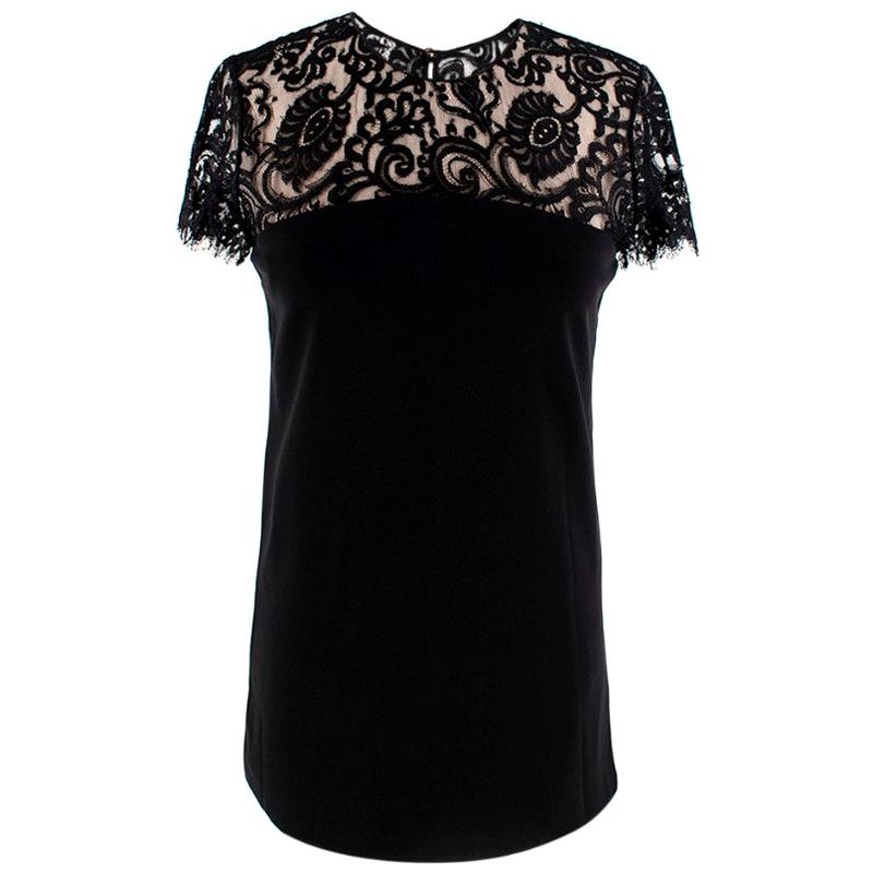 Gucci Black Lace Trimmed Cap-Sleeve Top - Size M For Sale