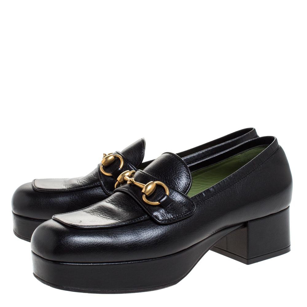 Women's Gucci Black Leather 1953 Horsebit Platform Loafers Size 37.5