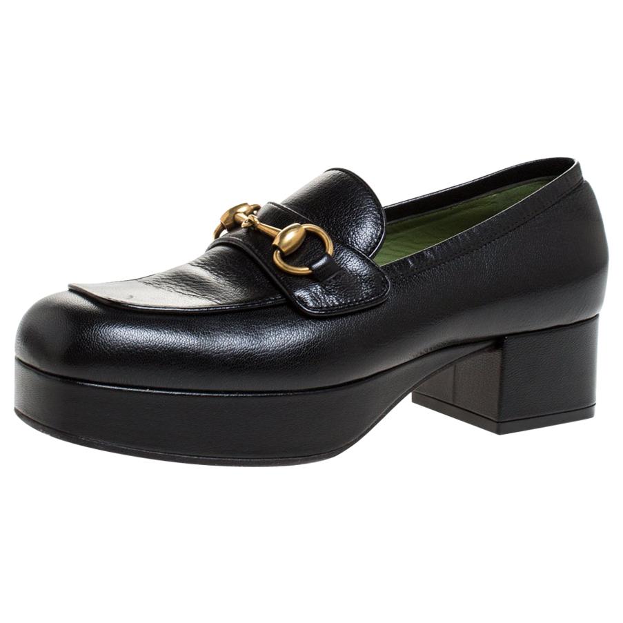 Gucci Black Leather 1953 Horsebit Platform Loafers Size 37.5