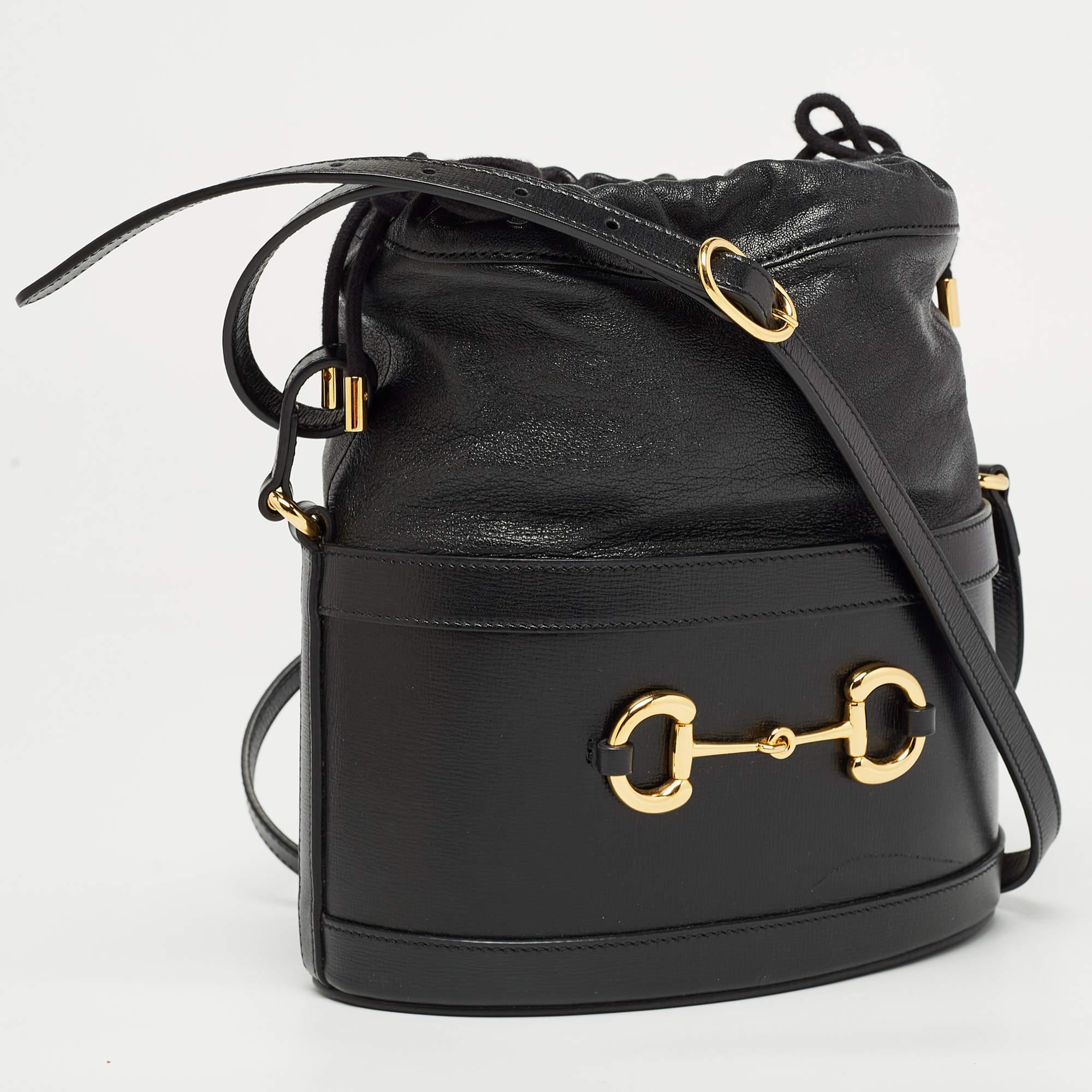Women's Gucci Black Leather 1955 Horsebit Bucket Bag