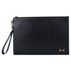 Used GUCCI black leather 1955 HORSEBIT Wristlet Zip Pouch Bag