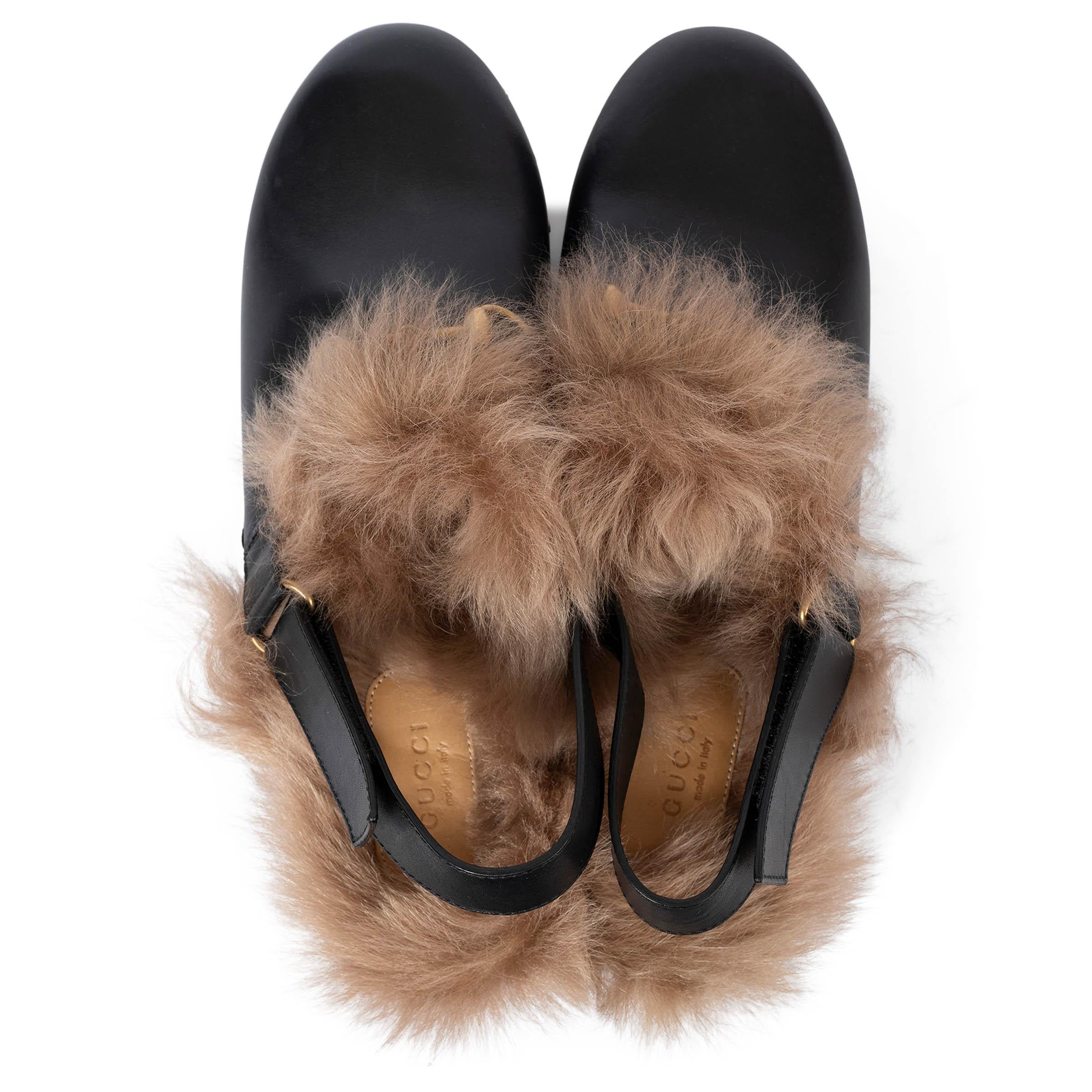 Women's GUCCI black leather 2015 AMSTEL FUR LINED CLOGS Shoes 42 fit 41