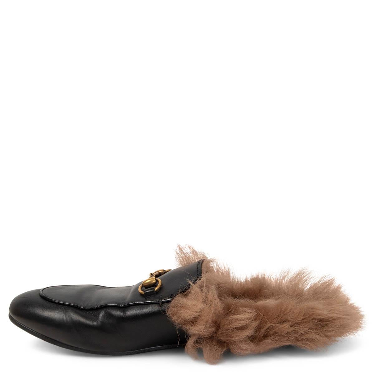 GUCCI schwarz  Leder 2015 RE-EDITION FUR PRINCETOWN Slippers Flats Schuhe 39 (Braun)