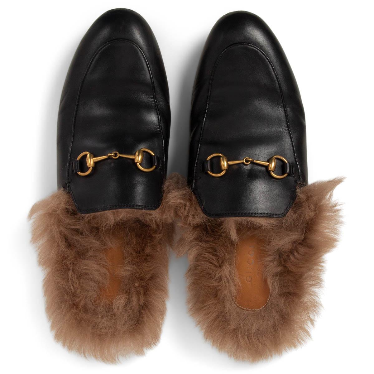 GUCCI schwarz  Leder 2015 RE-EDITION FUR PRINCETOWN Slippers Flats Schuhe 39 Damen
