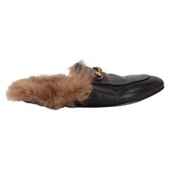 GUCCI black leather 2015 RE-EDITION FUR PRINCETOWN Slippers Flats Shoes 39