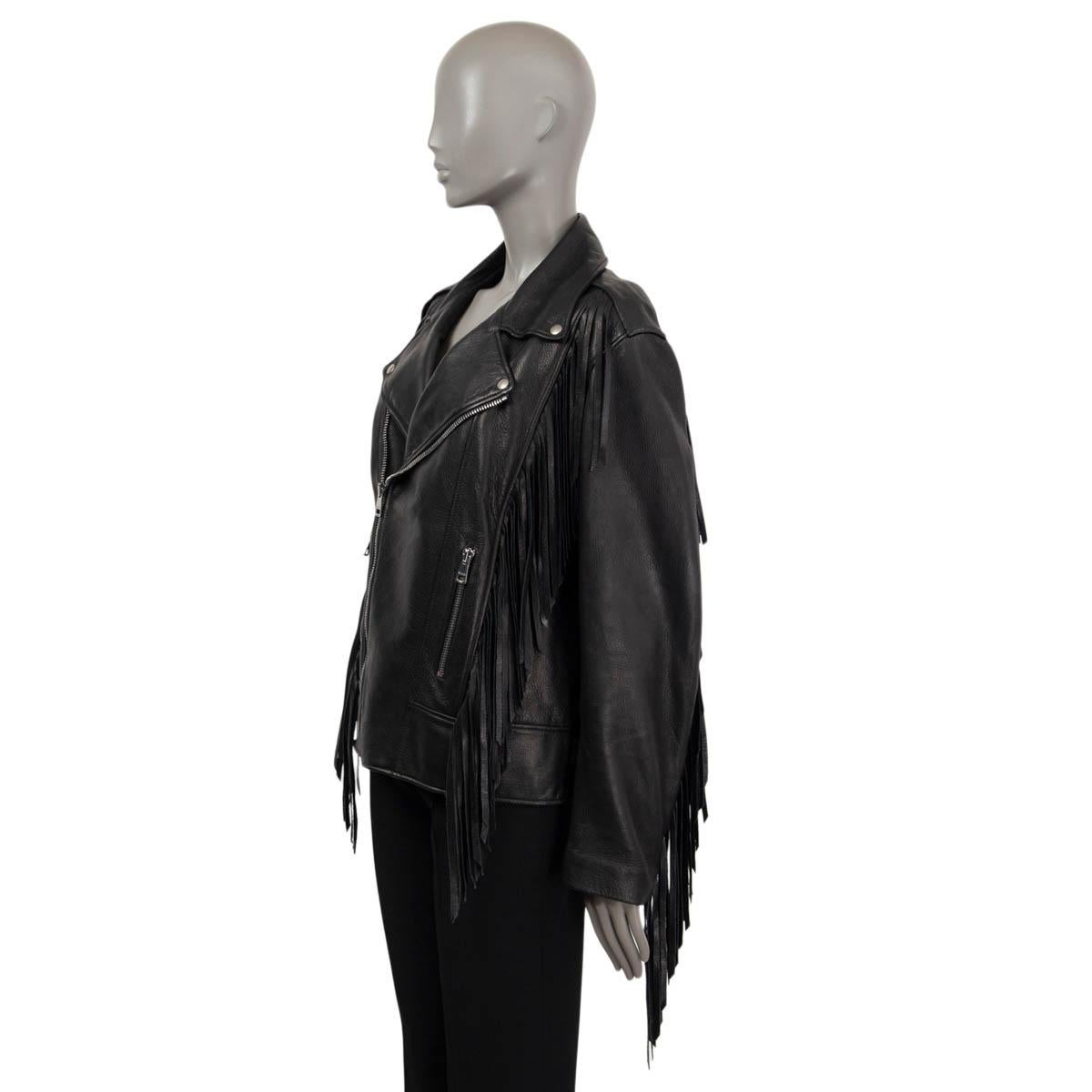 Black GUCCI black leather 2017 BEADED FRINGE BIKER Jacket 44 L For Sale