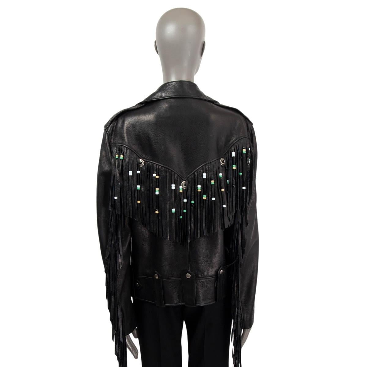 GUCCI black leather 2017 BEADED FRINGE BIKER Jacket 44 L In Excellent Condition For Sale In Zürich, CH