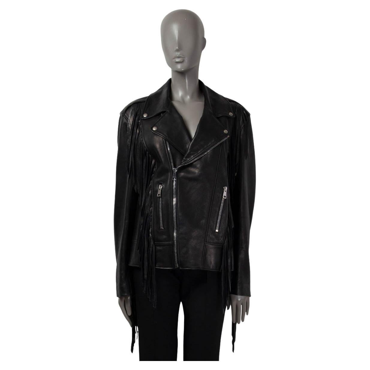 GUCCI black leather 2017 BEADED FRINGE BIKER Jacket 44 L For Sale