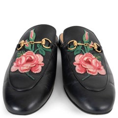 GUCCI black leather 2017 PRINCETOWN ROSE Mules Shoes 38.5 fit 38