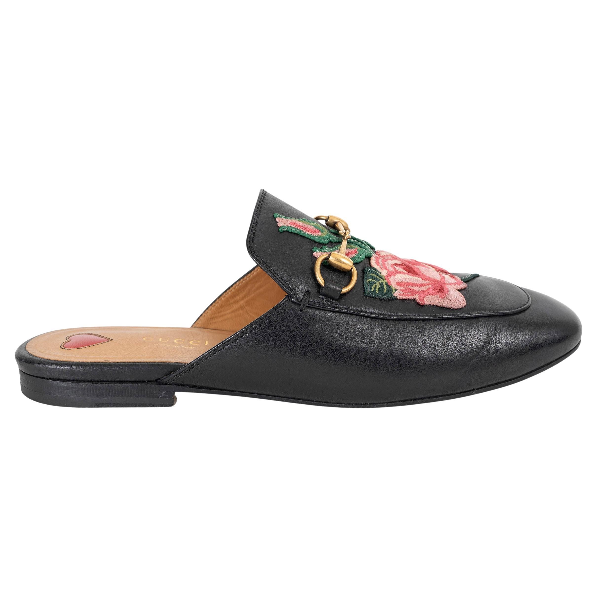 GUCCI black leather 2017 PRINCETOWN ROSE Mules Shoes 38.5 fit 38