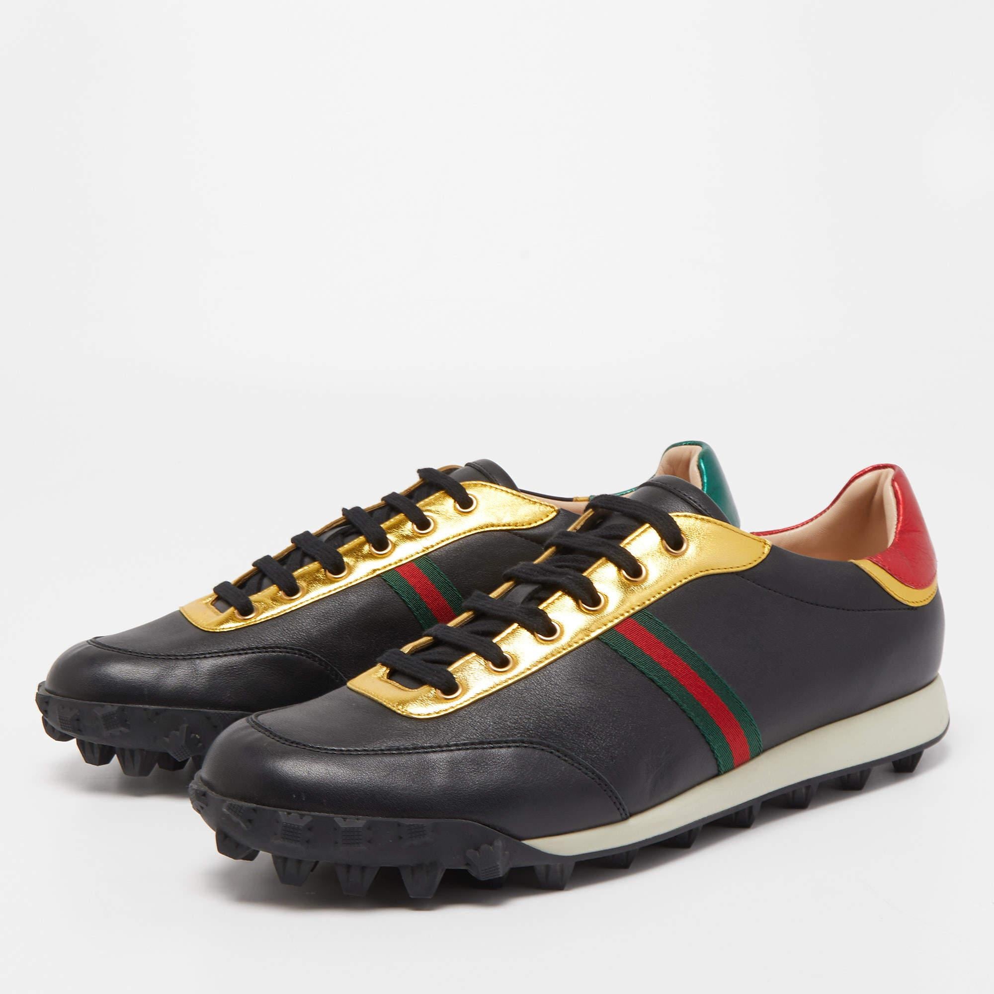 Gucci Black Leather Ace Football Low Top Sneakers Size 45.5 In Excellent Condition In Dubai, Al Qouz 2