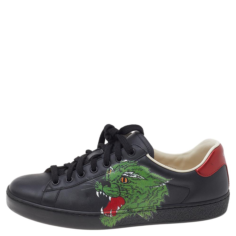 Gucci Black Leather Ace Panther Print Low Top Sneakers Size 36.5