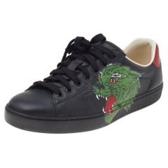 Gucci Black Leather Ace Panther Print Low Top Sneakers Size 36.5