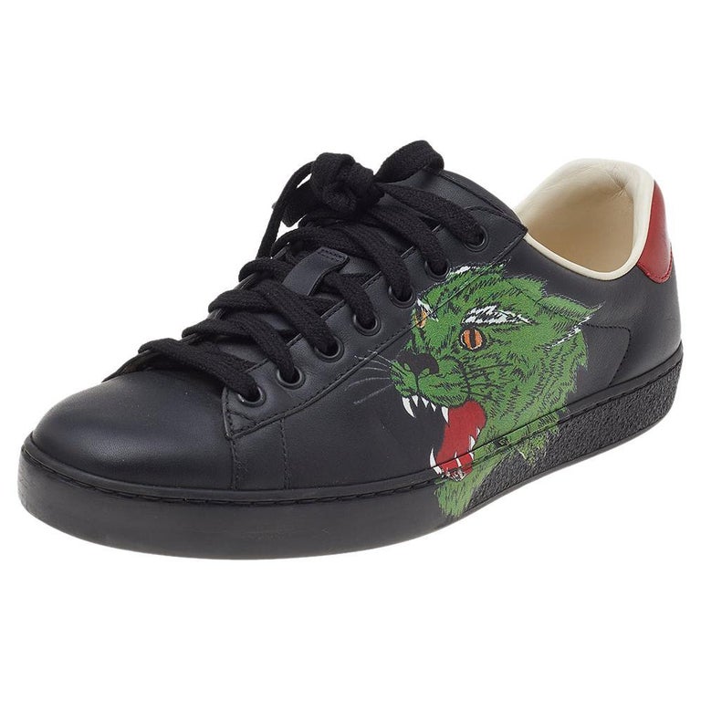 Gucci Black Leather Ace Panther Print Low Top Sneakers Size 36.5 at 1stDibs
