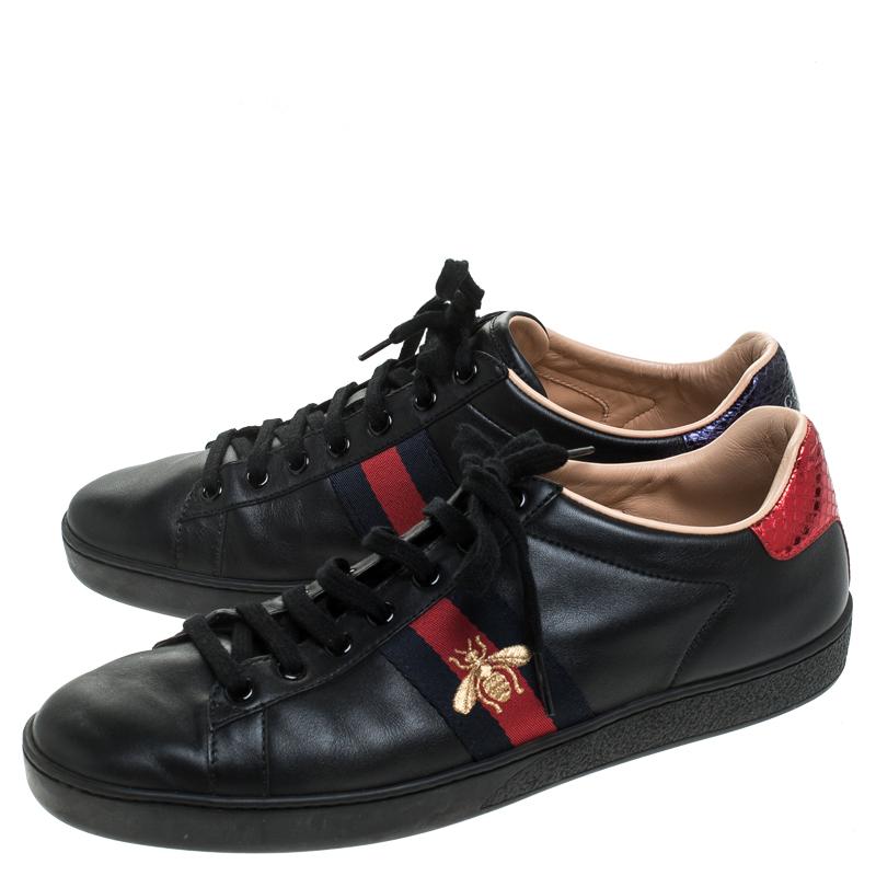 Gucci Black Leather Ace Web Bee Low Top Lace Up Sneakers Size 39.5 1