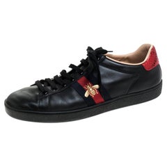 Gucci Black Leather Ace Web Bee Low Top Lace Up Sneakers Size 39.5