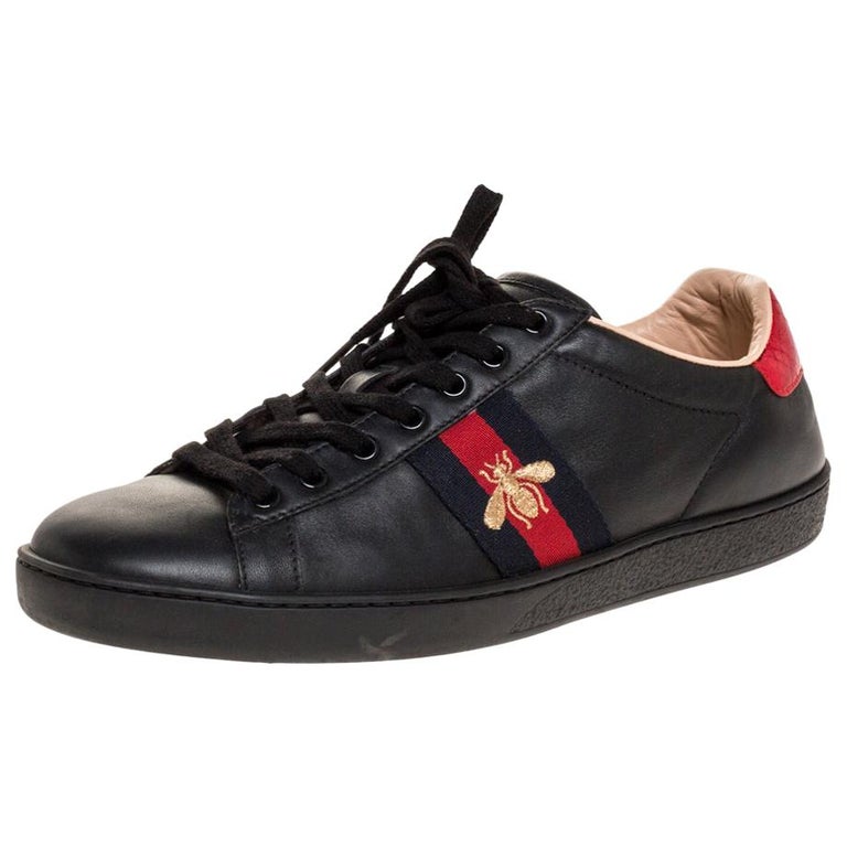 Gucci Black Leather Ace Web Bee Low Top Lace Up Sneakers Size 40 at 1stDibs