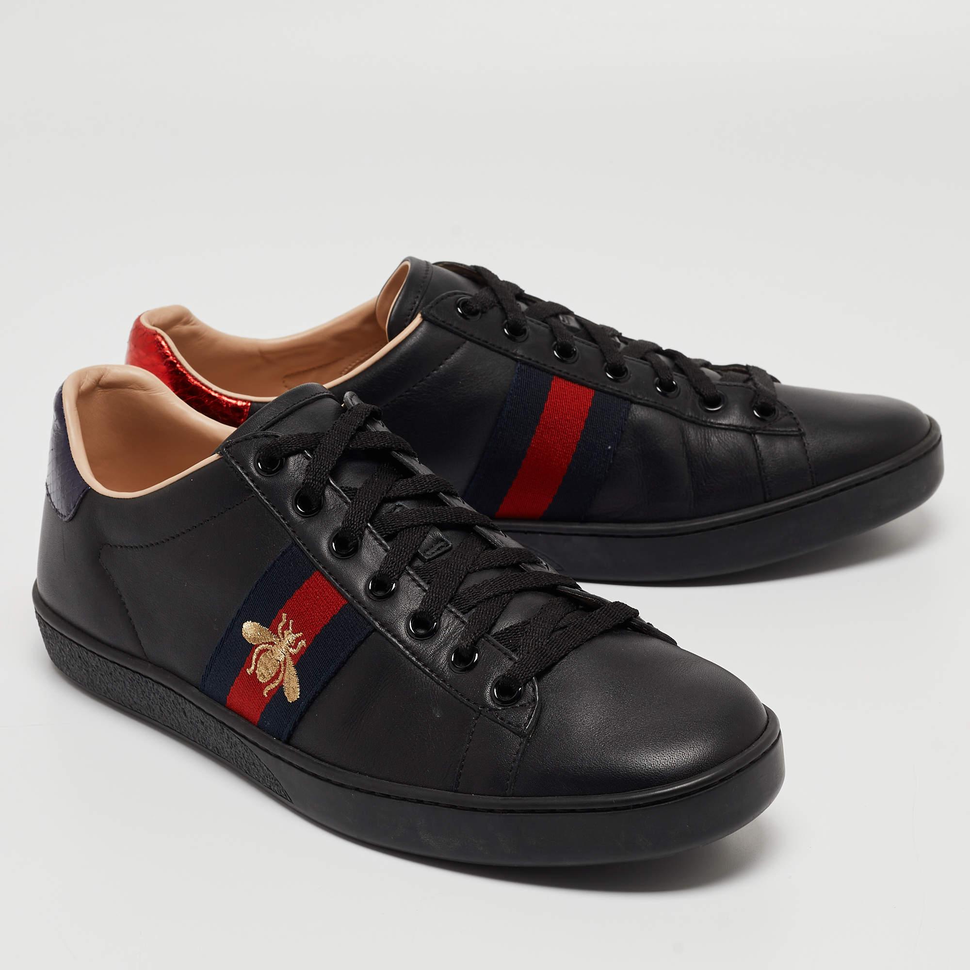 Gucci Black Leather Ace Web Bee Low Top Sneakers Size 39.5 For Sale 4