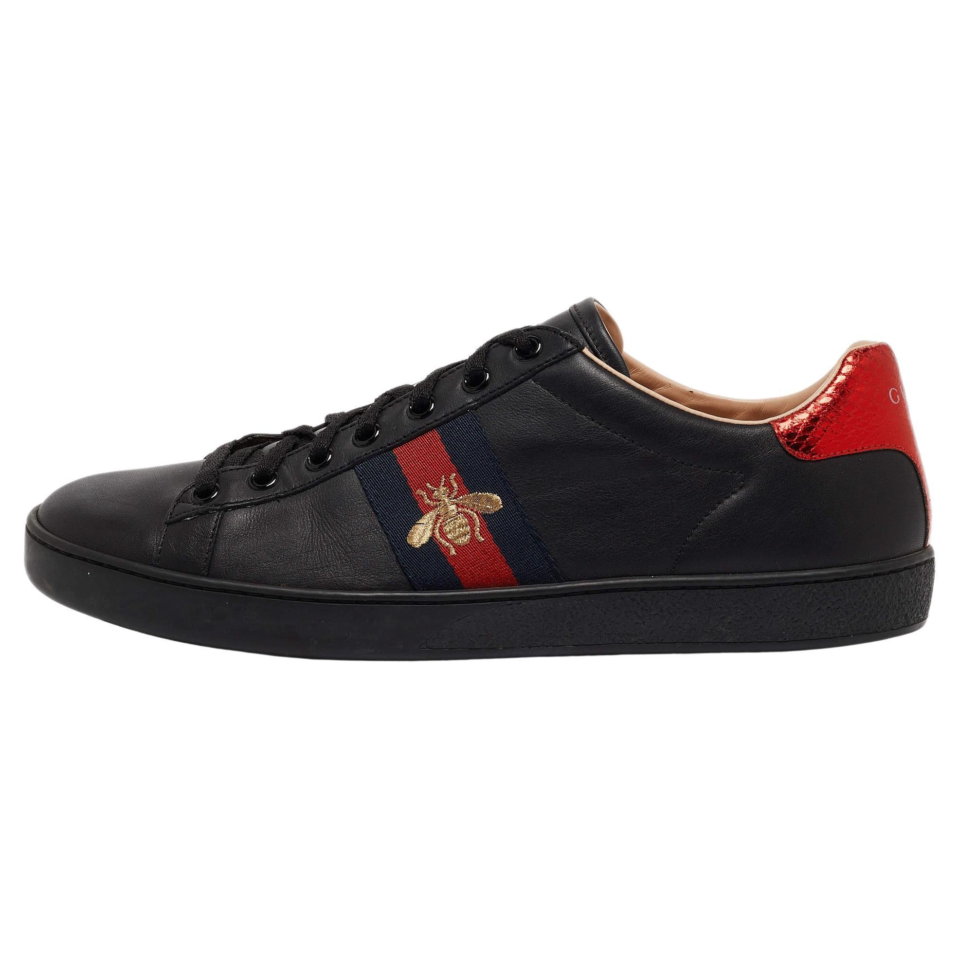 Gucci Black Leather Ace Web Bee Low Top Sneakers Size 39.5 For Sale