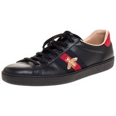 Gucci Black Leather Ace Web Bee Low Top Sneakers Size 45